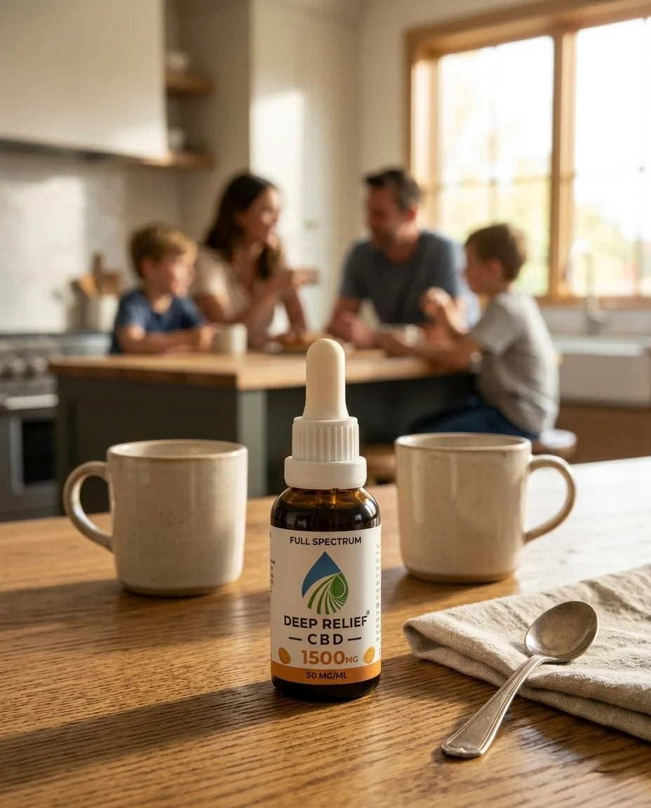 Family gathering softly blurred in the background with Deep Relief CBD product in the foreground, highlighting calm, everyday wellness use