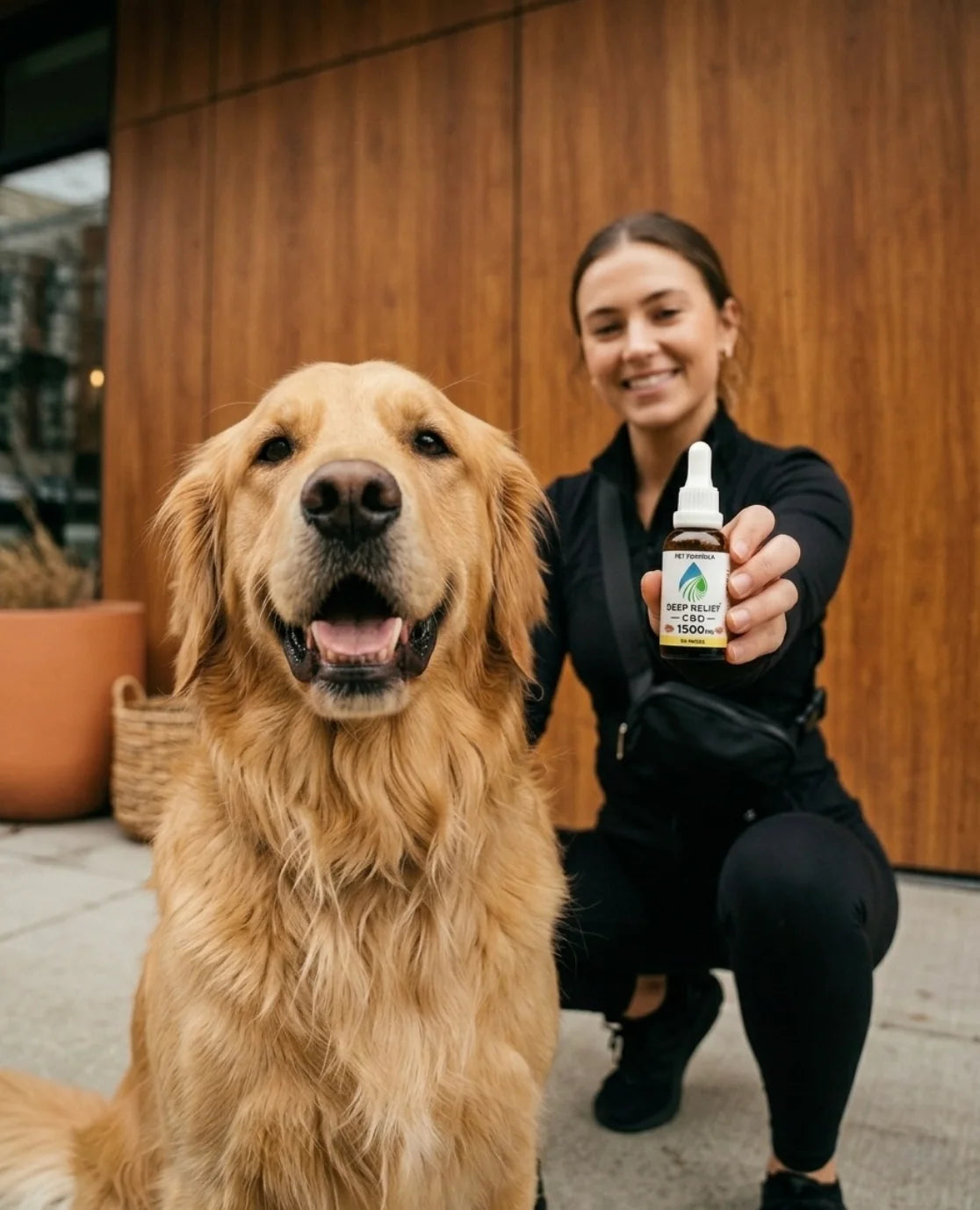 Dog and a lady holding the tincture